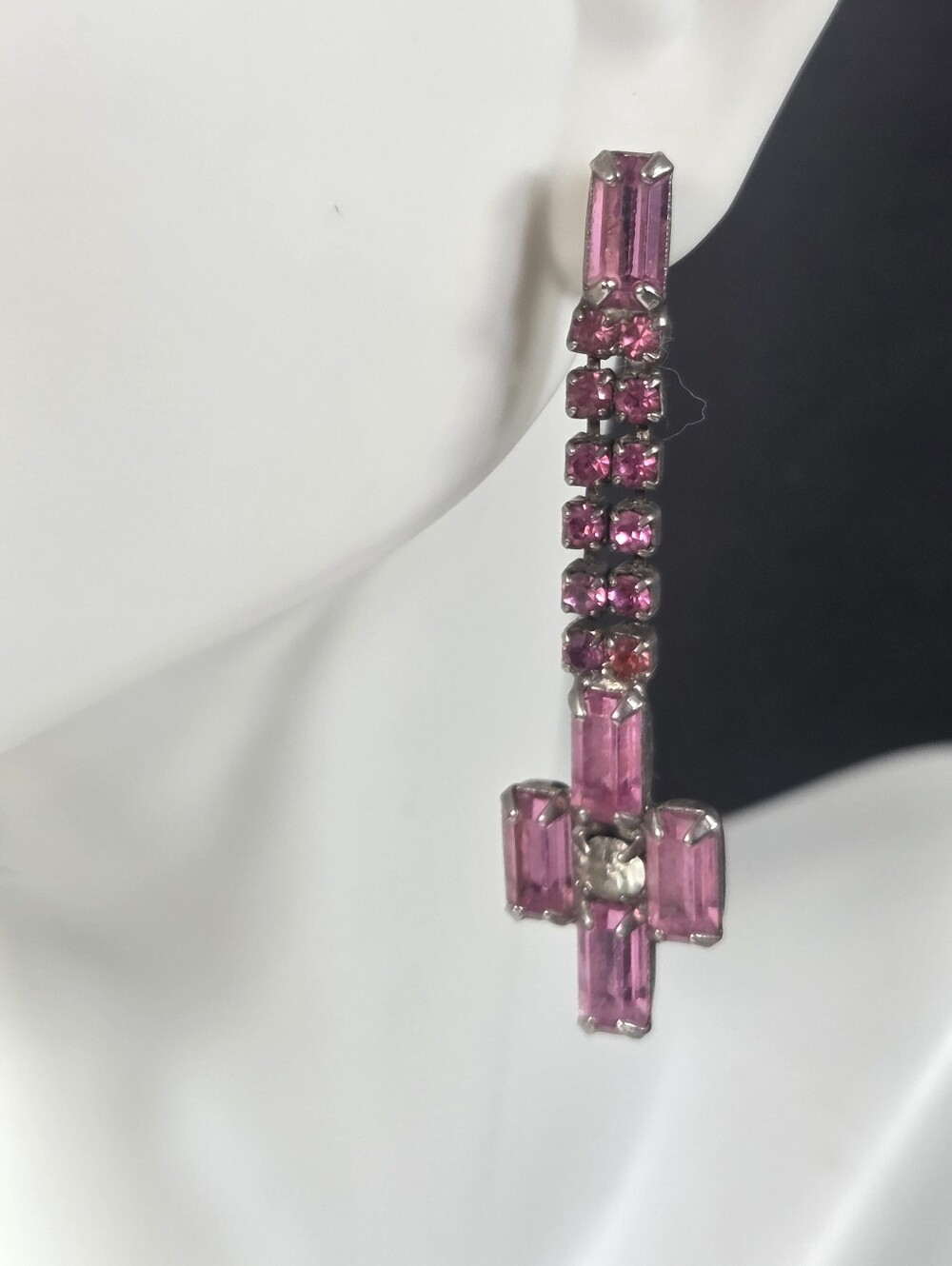 art deco Pink Crystal cross Drop Earrings prong set blingy pierced earrings